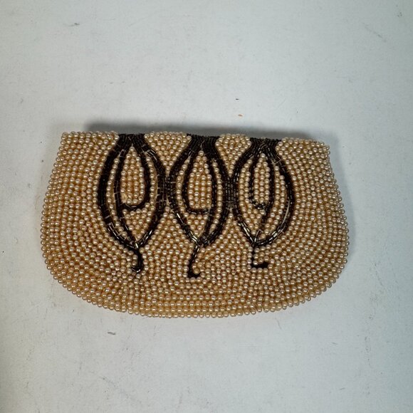 Vintage John Wind Beaded Clutch Beige/Brown Prom Bridal Evening Small Purse - Picture 2 of 4